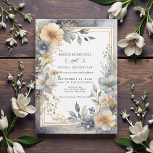 Soft Beige & Gray Floral Frame Wedding Invitation 