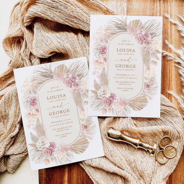 Soft Beige Pink Boho Pampas Grass Flower Wedding Invitation (Creator Uploaded)