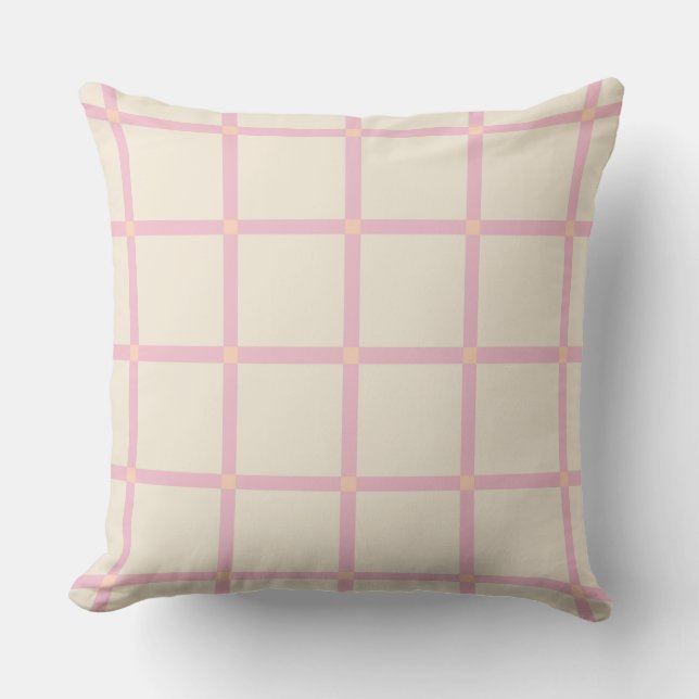 Soft Beige & Pink Grid Pattern Cushion (Front)