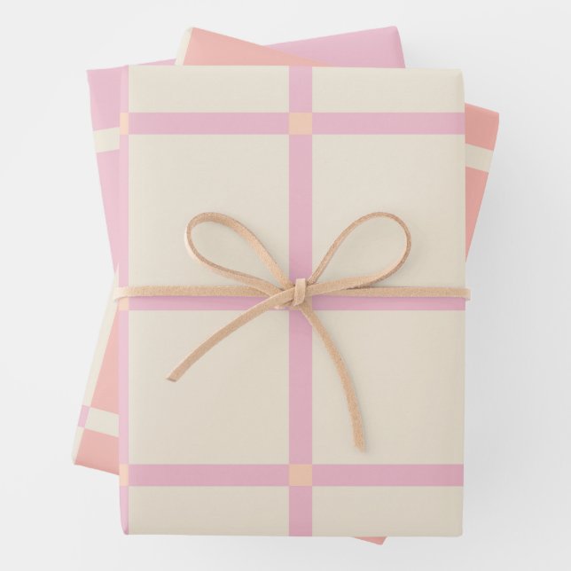 Soft Beige & Pink Grid Pattern Wrapping Paper Sheet (In situ)