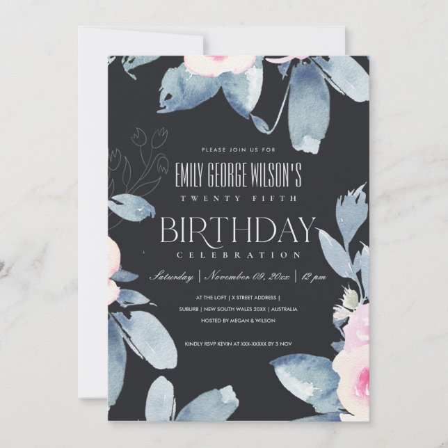 SOFT BLACK BLUSH BLUE FLORAL 25th ANY AGE BIRTHDAY Invitation (Front)