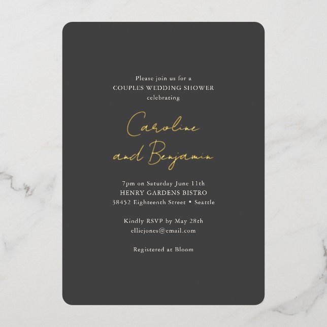 Soft Black Gold Script Chic Couples Wedding Shower (Front)