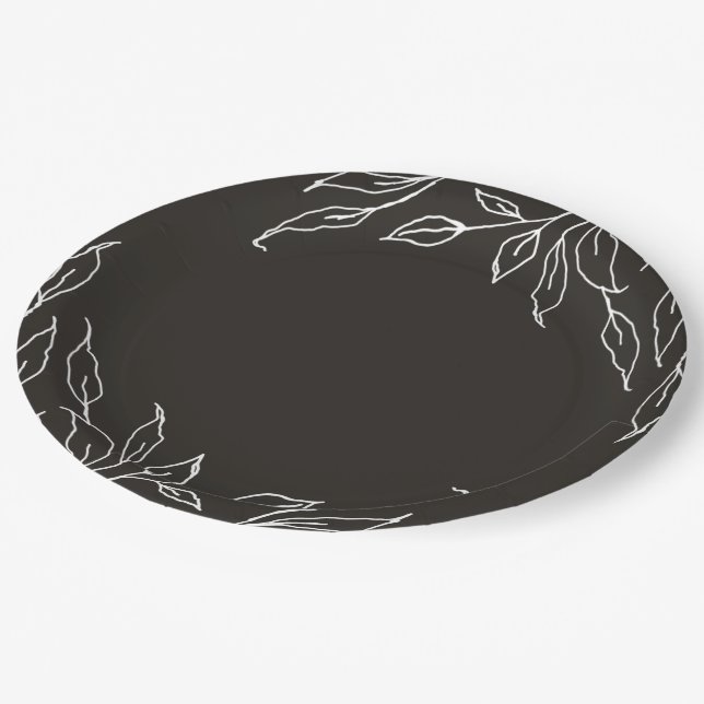 Soft Black Leaf Motif Thanksgiving Party Paper Plate (Angled)