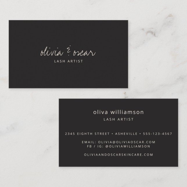 Soft Black White Script Lash Artist Elegant Business Card (Front/Back)
