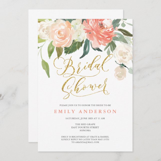 Soft Bloom Peach Floral Bridal Shower Invitation (Front/Back)