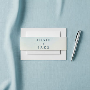Soft Blue and cream Minimalist wedding names Invitation Belly Band