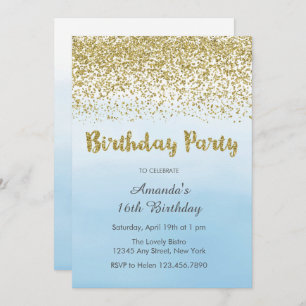 Soft Blue and Gold Birthday Invitation