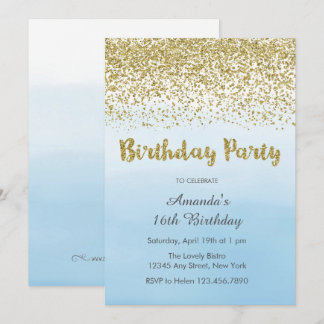 Soft Blue and Gold Birthday Invitation