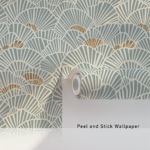 Soft Blue and Gold Fan Shell Art Deco Wallpaper