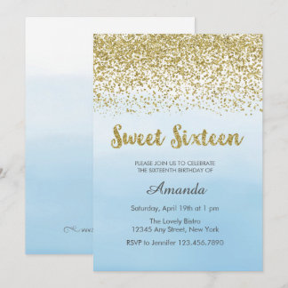 Soft Blue and Gold Sweet 16 Birthday Invitation