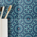 Soft Blue and Indigo Mosaic Geometric Shapes Tile<br><div class="desc">This ceramic tile features an intricate symmetrical design that is reminiscent of classical architecture or vintage textiles. The tile is adorned with a variety of geometric shapes, including diamonds and circles, which combine to form larger circular patterns spread across the tile. The design is meticulously detailed and harmonious, creating a...</div>