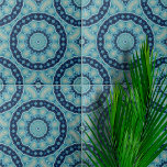 Soft Blue and Indigo Symmetrical Geometric Shapes Tile<br><div class="desc">This ceramic tile features a mesmerising kaleidoscopic design. At the heart of the tile, a delicate floral motif unfolds, surrounded by an array of geometric shapes that radiate outward in symmetrical patterns. The design is chraacterised by its intricate detail, creating a sense of depth and movement. The tile’s colour palette...</div>