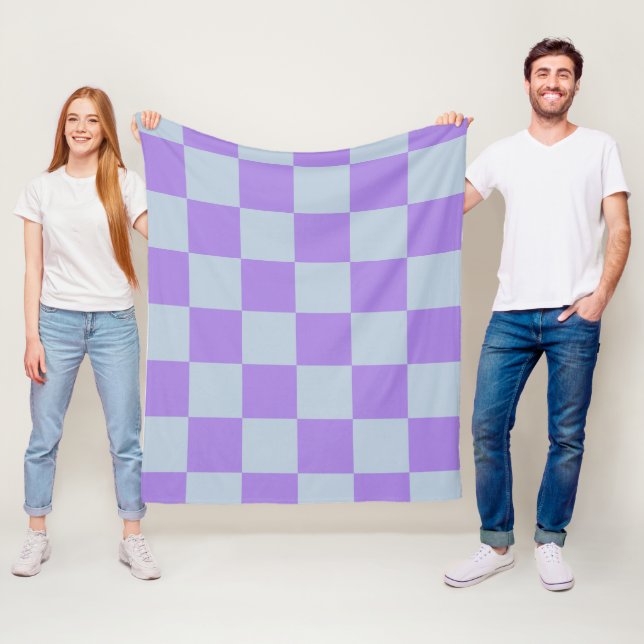 Soft Blue and Lavender Chequered Fleece Blanket (In Situ)