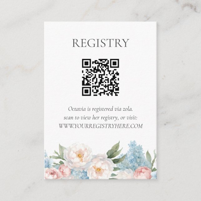 Soft Blue and Pink FLOWERS QRCODE REGISTRY Enclosure Card (Front)