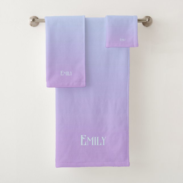 Soft blue and purple gradient background bath towel set (Insitu)