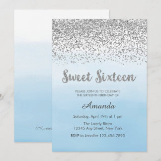 Soft Blue and Silver Sweet 16 Birthday Invitation