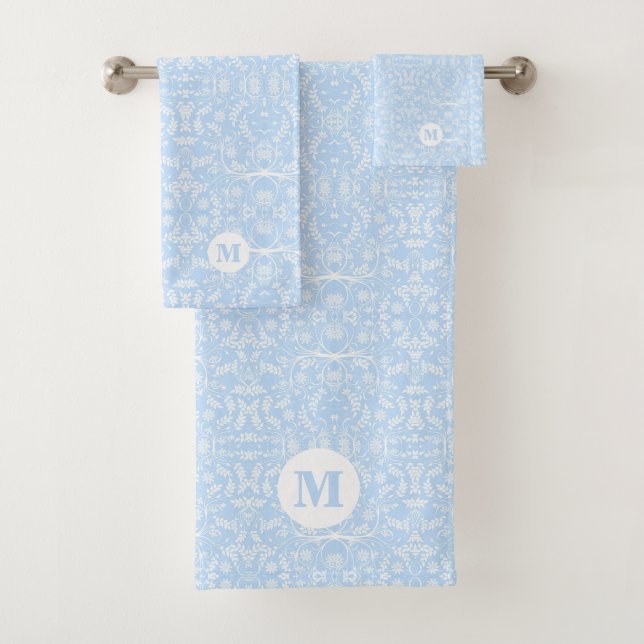 Soft Blue and White Botanical Monogrammed Bath Towel Set (Insitu)