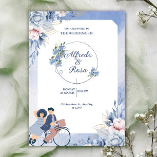 Soft Blue and White Floral Illustrative Wedding Invitation
