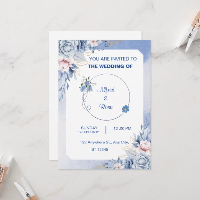Soft Blue and White Floral Wedding Card (Front/Back In Situ)