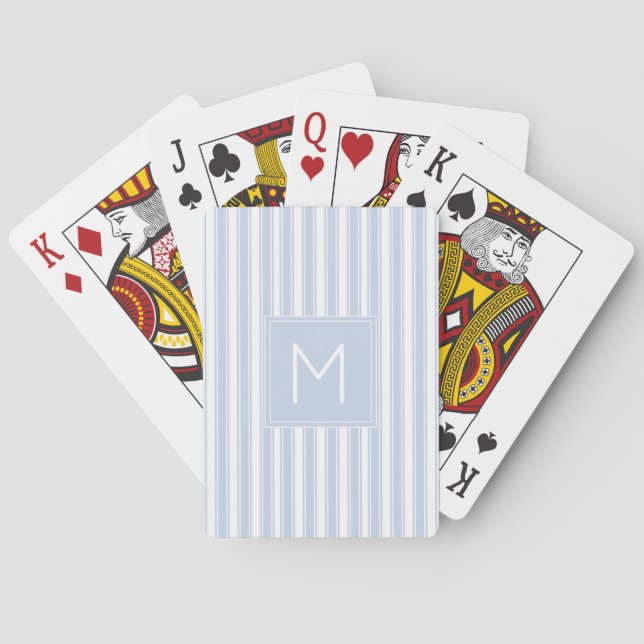Soft Blue and White Ticking Stripes Monogram Playing Cards (Back)