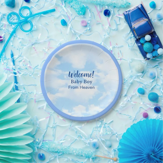 Soft Blue Baby Boy Clouds and Sky Baby Shower Paper Plate (Party)