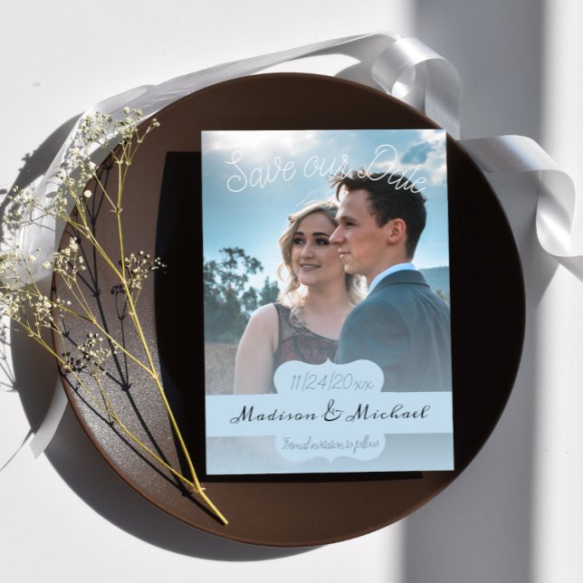 Soft Blue Banner Photo Save The Date Announcement (Soft Blue Banner Photo Save the Date)