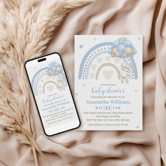 Soft Blue Beige Bunny Balloon Rainbow Baby Shower Invitation (Creator Uploaded)