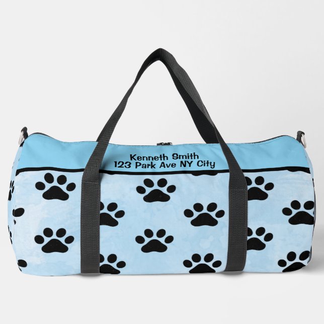 Soft Blue Black Paw Print Monogram Personalise Duffle Bag (Front)