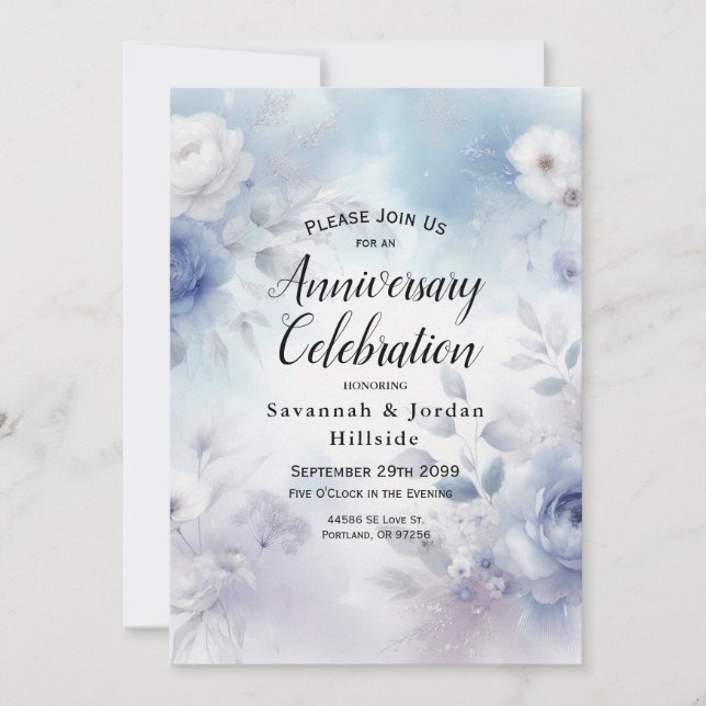 Soft Blue Blossoms and Lavender Mist Anniversary Invitation (Front)