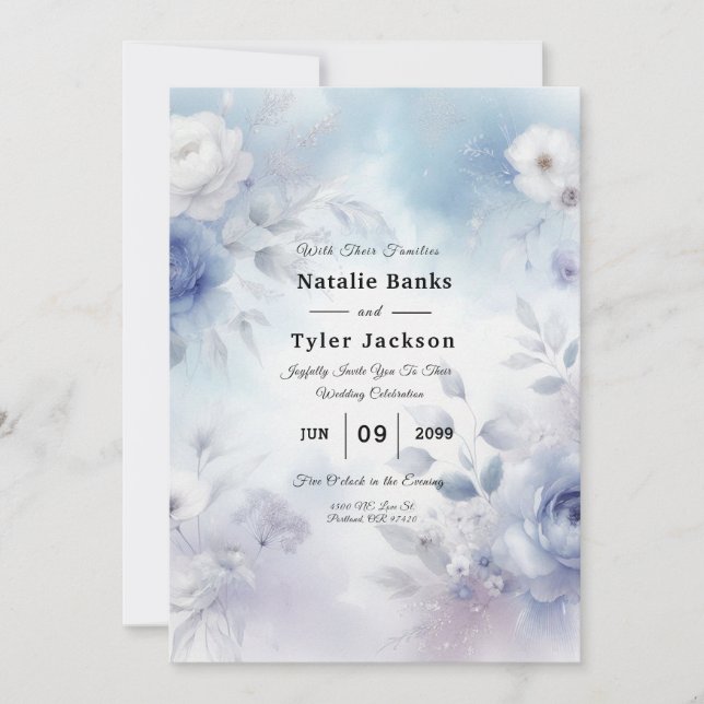Soft Blue Blossoms and Lavender Mist Wedding Invitation (Front)