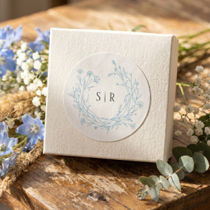 Soft Blue Boho Floral Monogram Custom Wedding Classic Round Sticker