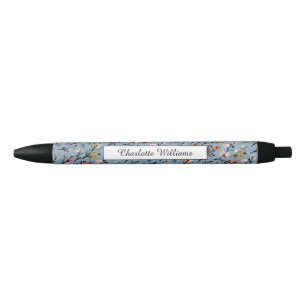 Soft Blue Boho Watercolor Botanical Custom  Black Ink Pen