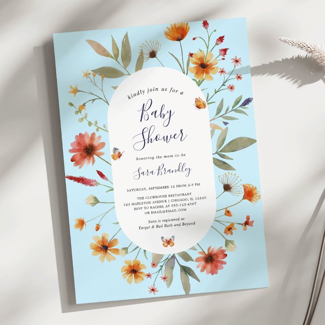 Soft Blue Boho Watercolor Wildflowers Baby Shower Invitation (Soft Blue Boho Watercolor Wildflowers Butterfly Baby Shower Invitation)