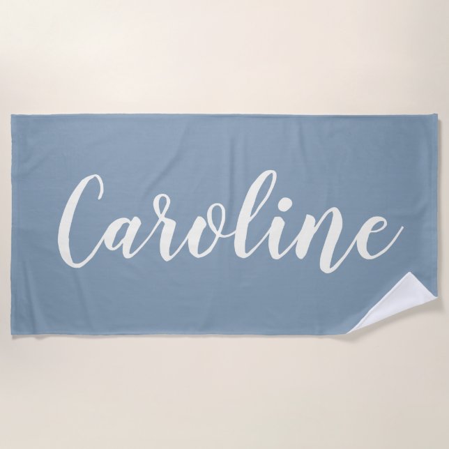 Soft Blue Bold Script Custom Name Minimalist Beach Towel (Front)