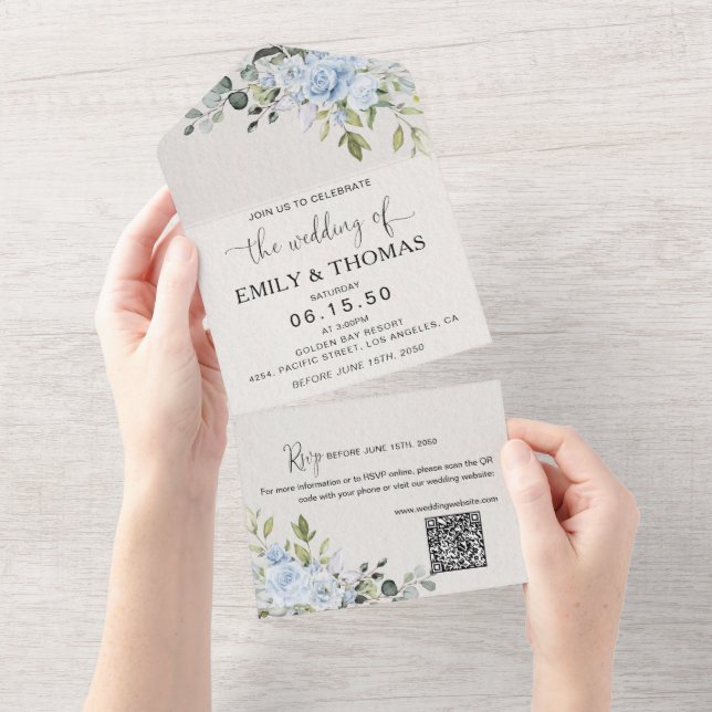 Soft Blue Botanical All in One Wedding Invite (Tearaway)