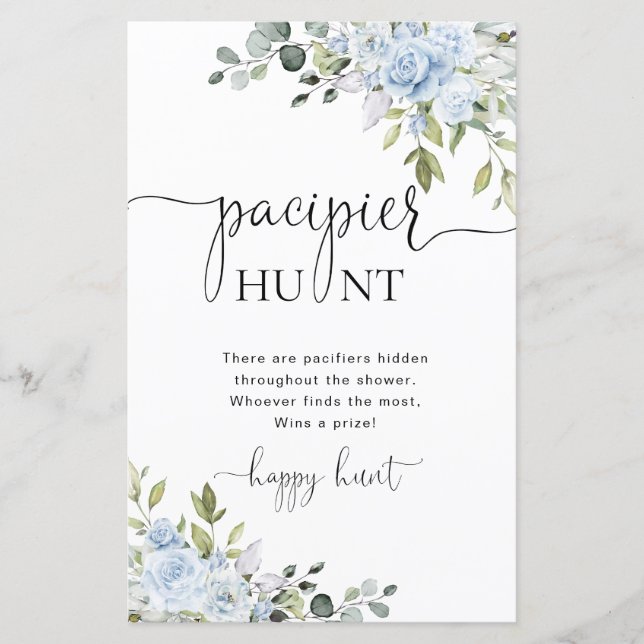 Soft Blue Botanical Baby Shower Pacifier Hunt Game (Front)