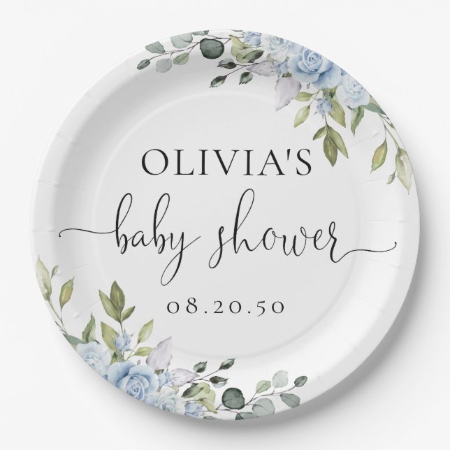 Soft Blue Botanical Baby Shower Paper Plate (Front)
