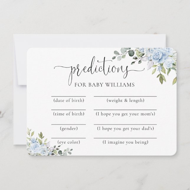 Soft Blue Botanical Baby Shower Predictions Card (Front)