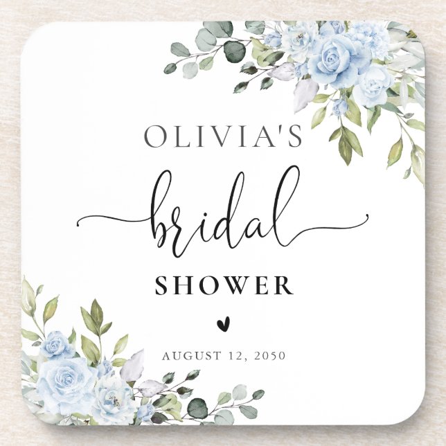Soft Blue Botanical Bridal Shower Coasters (Front)