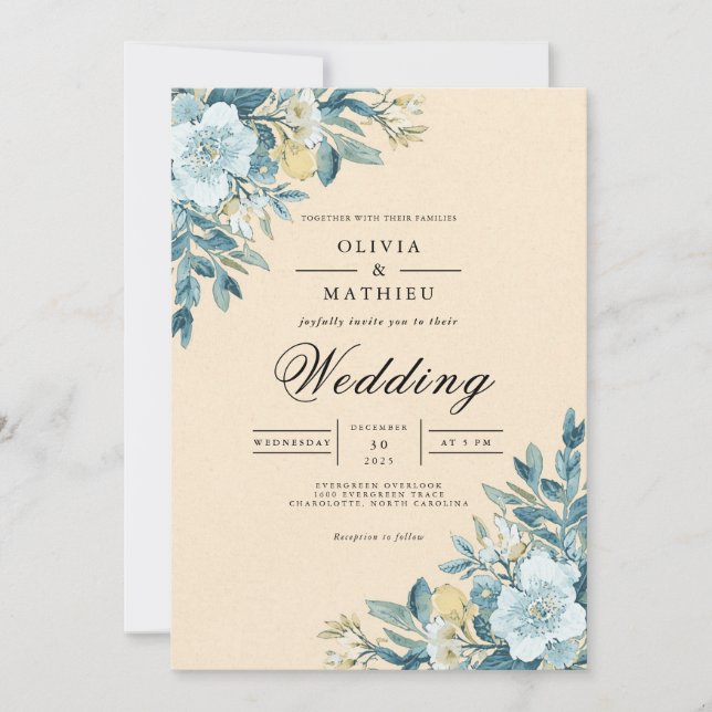 Soft Blue Botanical Flourish Wedding Invitation (Front)