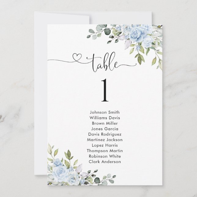 Soft Blue Botanical Table Number Seating Chart (Front)