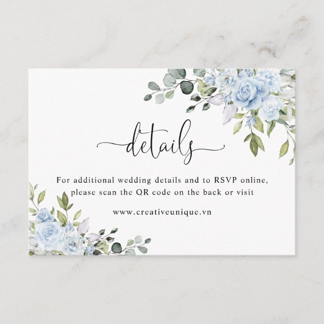 Soft Blue Botanical Website QR Code Details Enclosure Card (Front)
