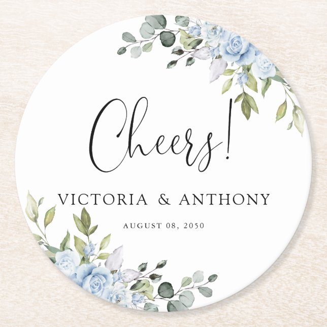 Soft Blue Botanical Wedding Cheers Round Coaster (Front)