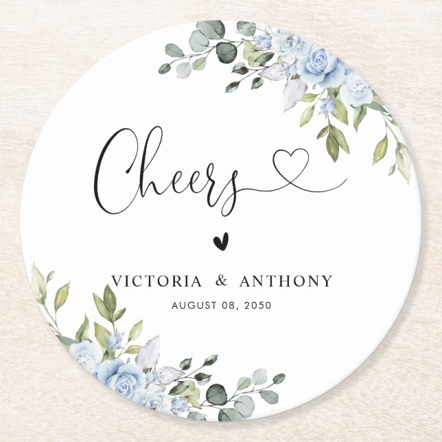 Soft Blue Botanical Wedding Cheers Round Coaster (Front)