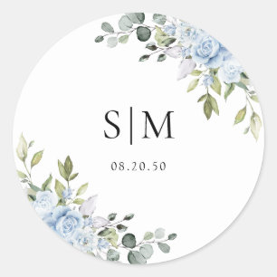 Soft Blue Botanical Wedding Classic Round Sticker