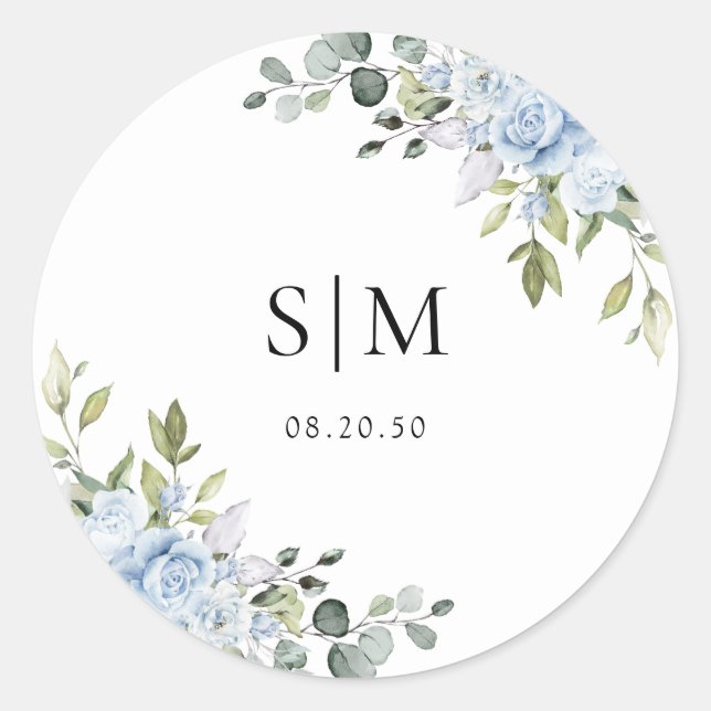 Soft Blue Botanical Wedding Classic Round Sticker (Front)