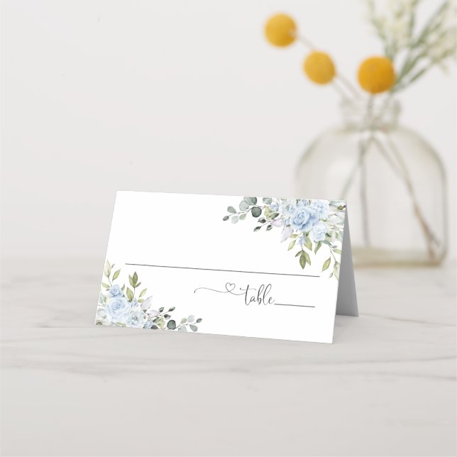 Soft Blue Botanical Wedding Folded  Place Card (Front)
