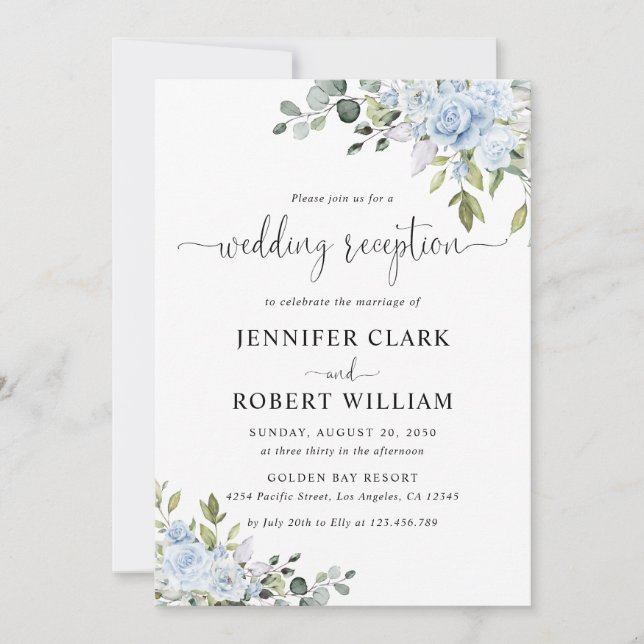 Soft Blue Botanical Wedding Reception Invitation (Front)