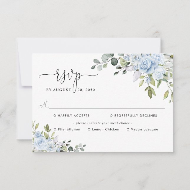 Soft Blue Botanical Wedding With Meal Choice RSVP Card (Front)