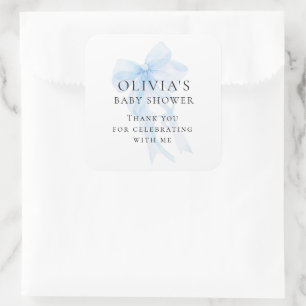 Soft Blue Bow Text Thank You Baby Shower Square Sticker
